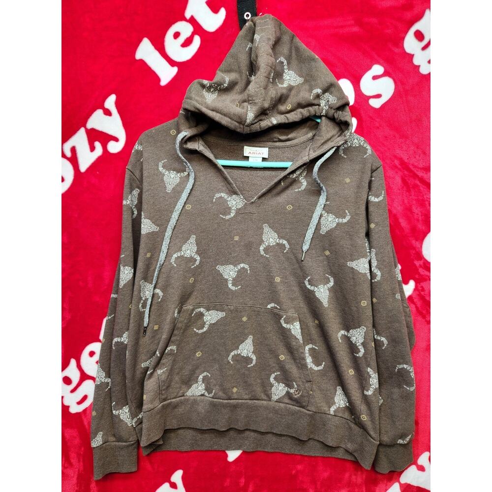Ariat Womens Hoodie Large Brown Western Bull Skull Pullover Sweatshirt